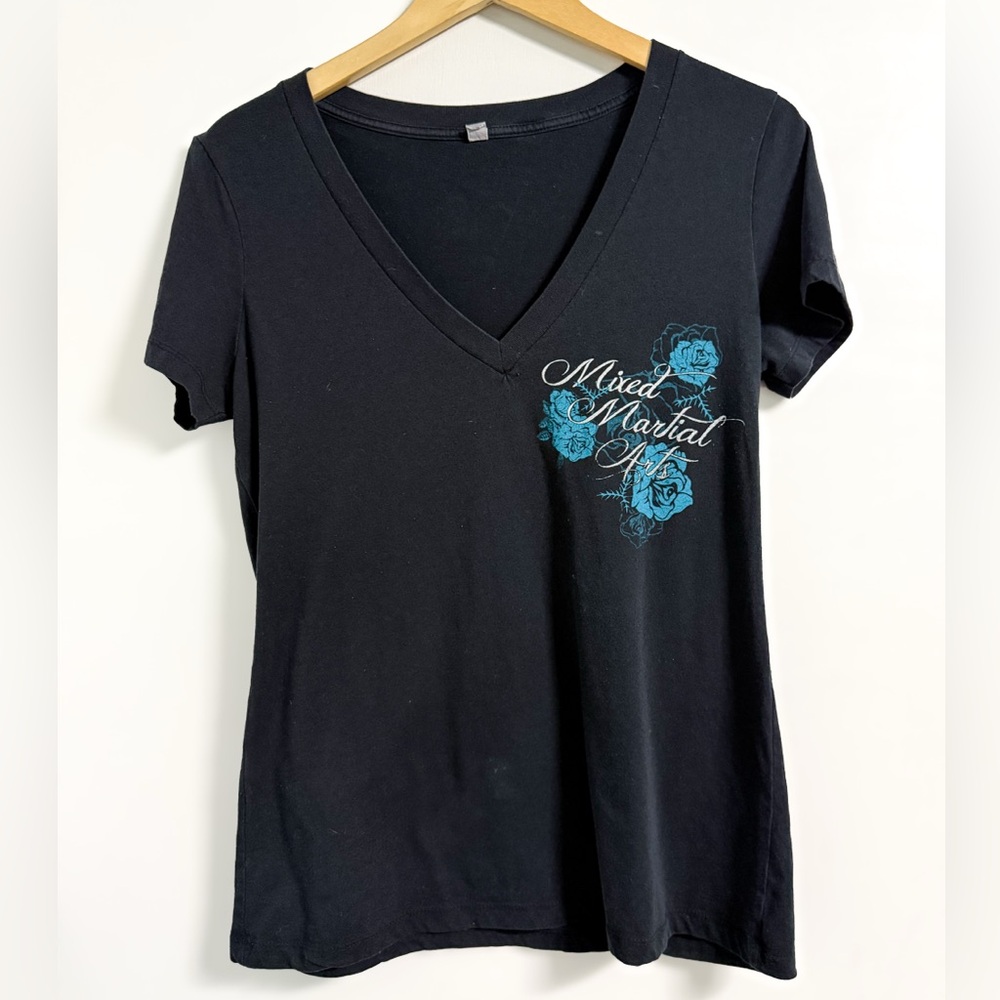 MMA Floral Graphic Tee Women’s L Black Teal V-Neck Workout